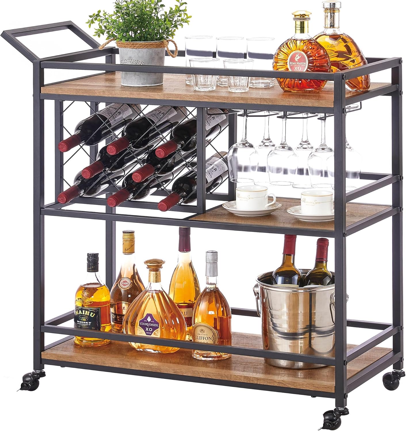 FATORRI Bar Cart Silver, Bar Carts for The Home, Home Bar Serving Carts for Liquor, Rolling Wine Cart with 3 Tier Mirrored Shelves on Wheels for Alcohol and Beverage (Silver)