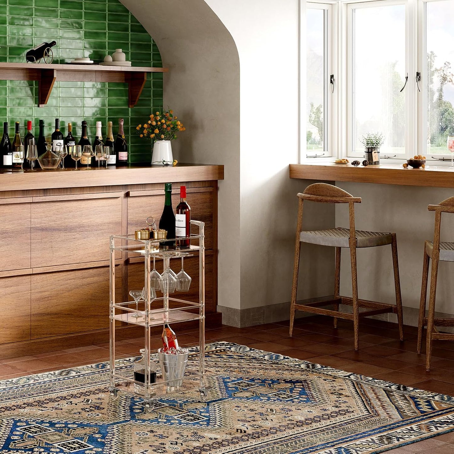 Eglaf Small Acrylic Bar cart - 3 Tier Home Bar Cart Rolling Serving Cart with 4 Lockable Wheels, Glass Holders, Handle, for Living Room, Kitchen, Bedroom, Bar, 15.6" L x 11.6" W x 35" H