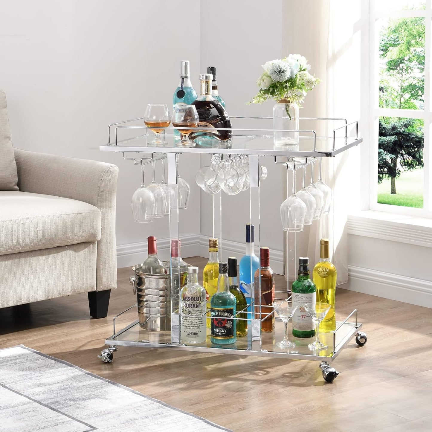 Silver Bar Cart for Home Bar Chrome Serving Cart with Wine Rack 2-Tier Acrylic Rolling Bar Carts on Wheels Clear Dessert Cart Lucite Bar Stand Glass Liquor Cart for Living Room Kitchen Club
