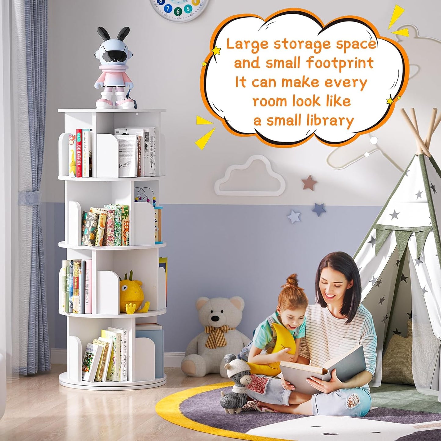 Rotating Bookshelf, Wood Corner Bookshelf, 360 Display Spinning Bookcase Storage Rack, 4 Tier Floor Standing Revolving Bookcase Narrow Book Shelf Organizer for Small Space, Bedroom, White