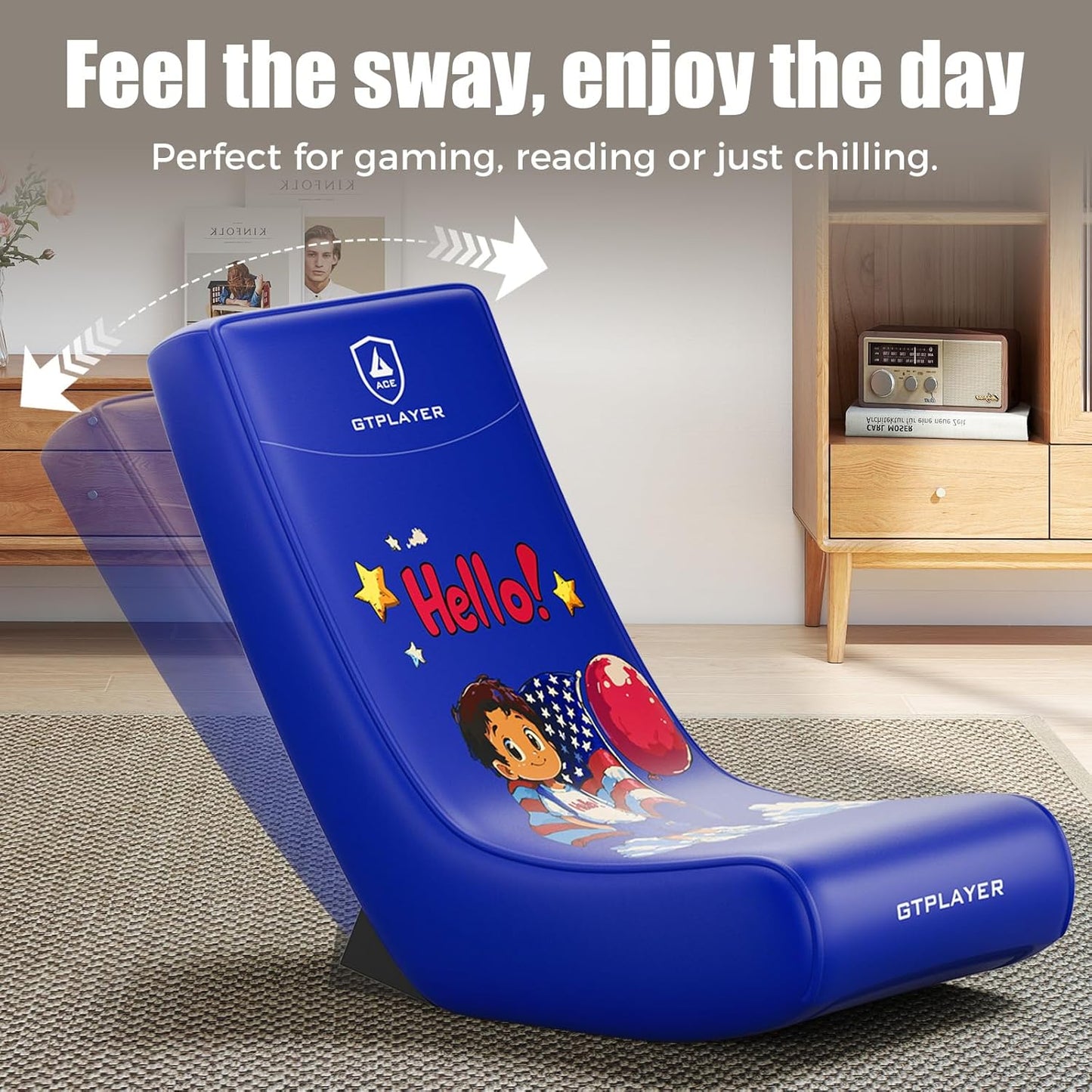 GTPLAYER Gaming Floor Rocking Chair – Rocker Floor Game Chair with Angle Limiter, Stylish Patterned Design, Comfortable Video Game Seat, Blue Flag Pattern