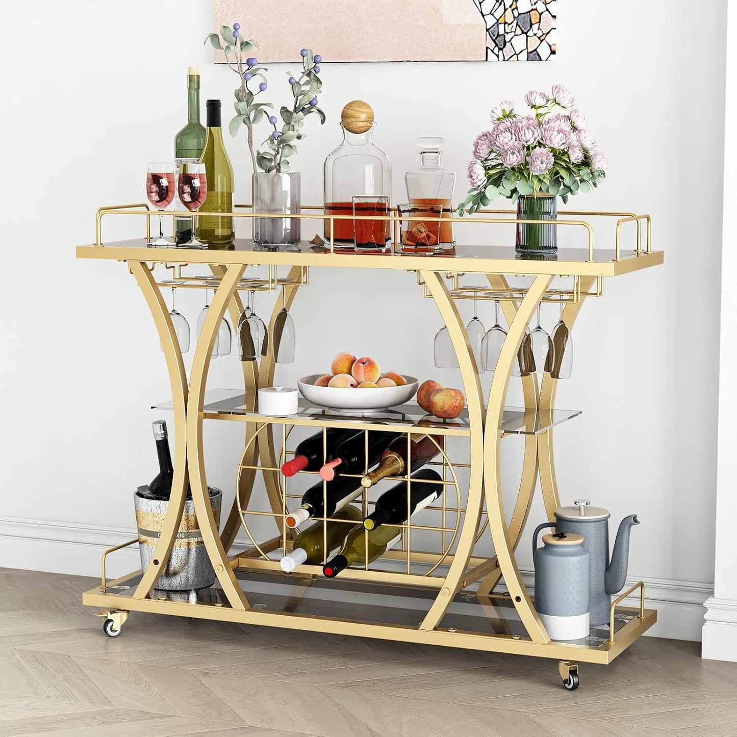 Silver Bar Carts with Glass Holders & Wine Rack, 3 Tier Home Bar Serving Carts with Glass Shelves, Metal Rolling Bar Carts for The Home Kitchen, Party
