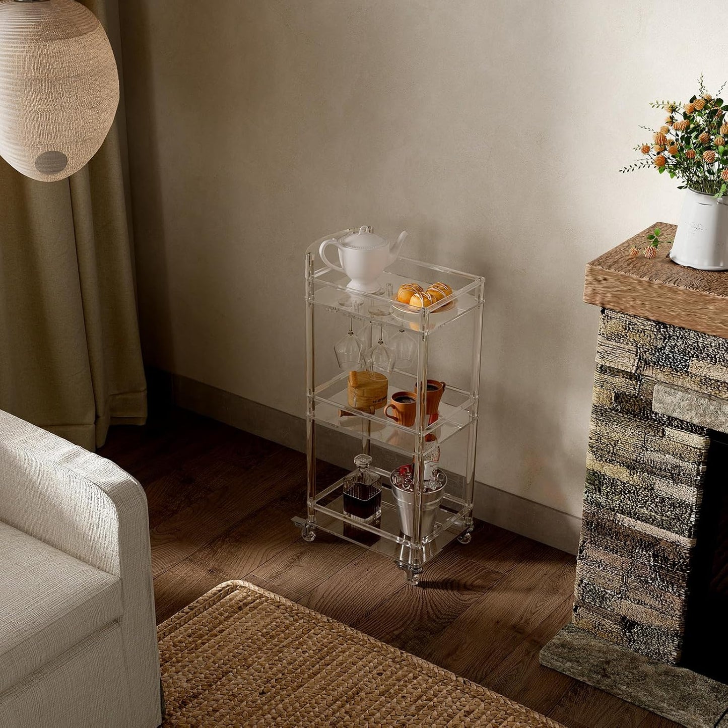 Eglaf Small Acrylic Bar cart - 3 Tier Home Bar Cart Rolling Serving Cart with 4 Lockable Wheels, Glass Holders, Handle, for Living Room, Kitchen, Bedroom, Bar, 15.6" L x 11.6" W x 35" H
