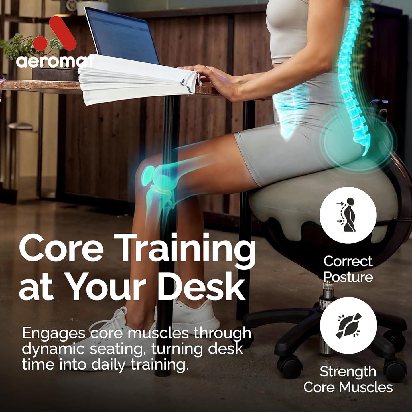 Aeromat Elite Yoga Ball Chair for Office & Home 250lbs Cap – Ergonomic Balance Ball Desk Chair w/Lockable Wheels,Adjustable Height, Anti-Burst Removable Ball, Back Support for Posture & Core Relief