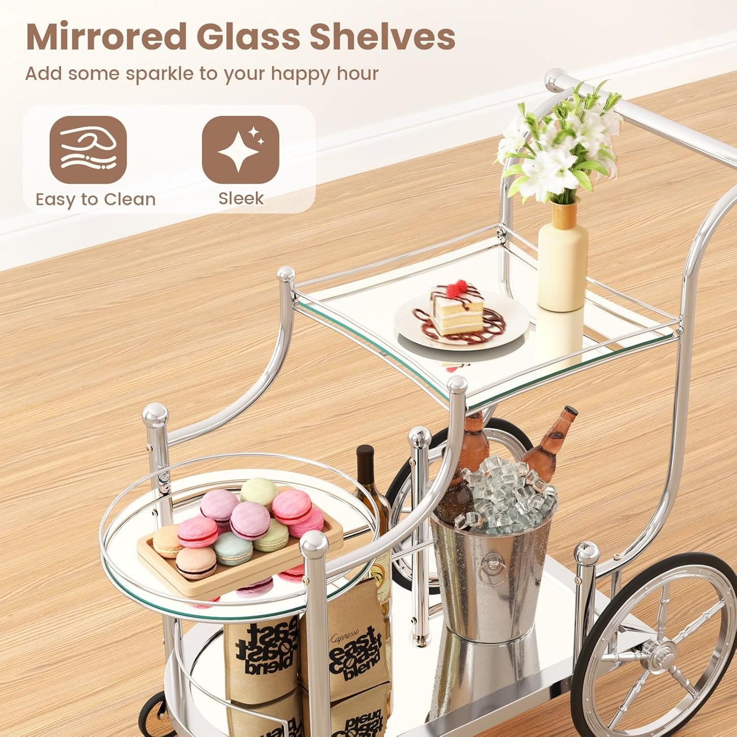 ReunionG Silver Bar Cart with Wheels, 3-Tier Rolling Serving Cart w/3 Mirrored Shelves, Mobile Tea Drink Beverage Wine Trolley Home Bar Kitchen, Dining Room, Living Room, Hotel, Club (Silver)