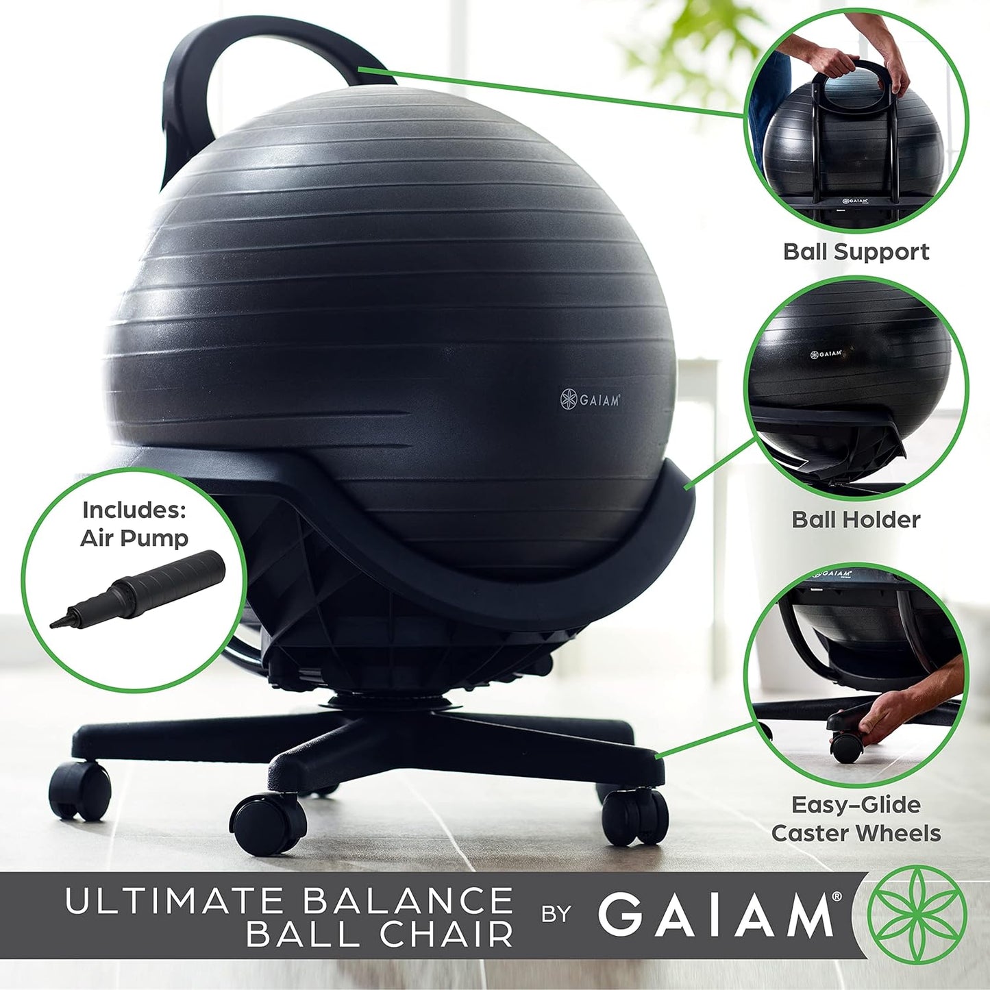 Gaiam Ultimate Balance Ball Chair with Swivel Base - Premium Exercise Stability Yoga Ball Ergonomic Chair for Home and Office Desk - Air Pump, Exercise Guide