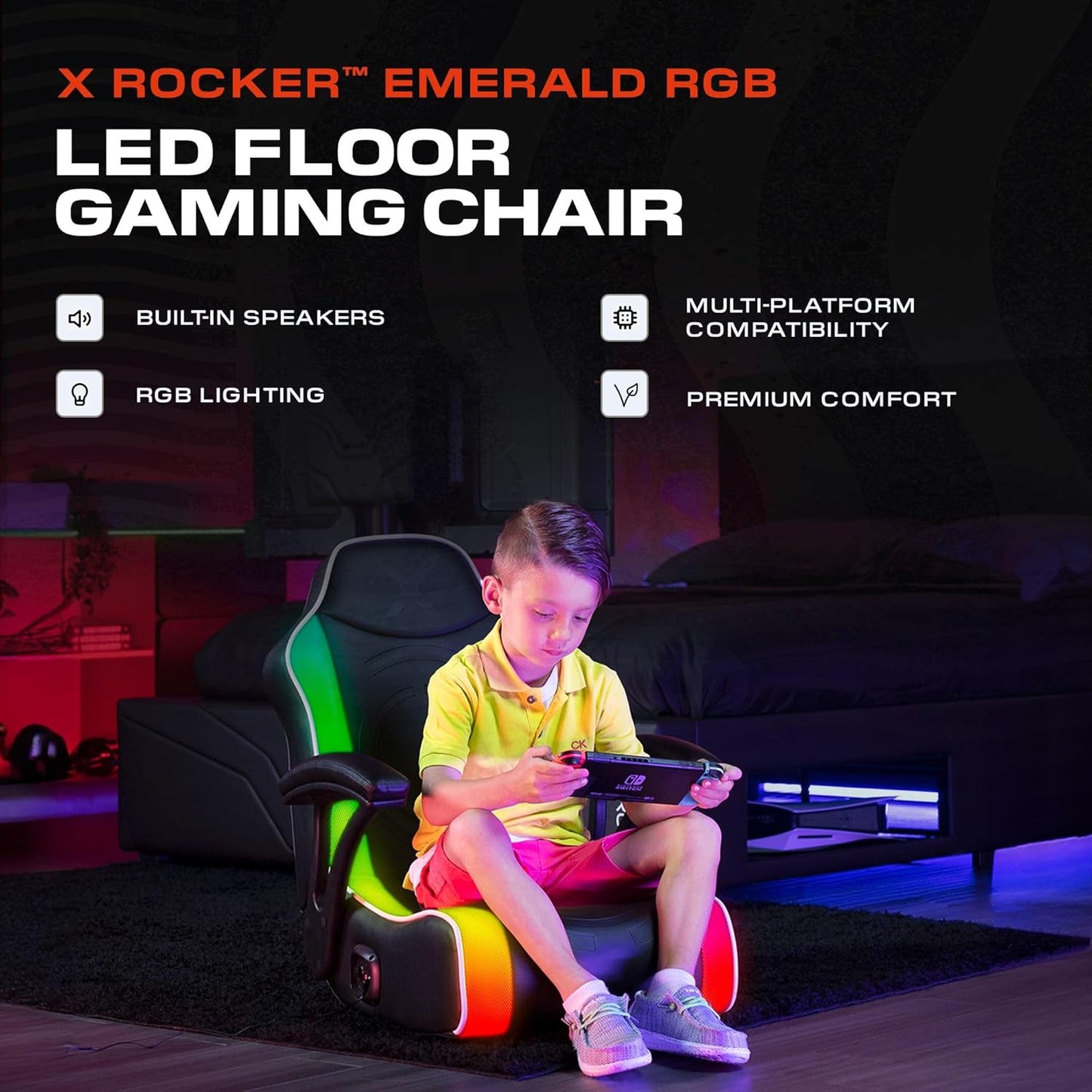 X Rocker Video Gaming Floor Rocker Chair, Built-in Audio, Foldable, for Gamers, Bedroom, or Game Room for Boys, Girls, Teens 5-17, Gifts for Gamers