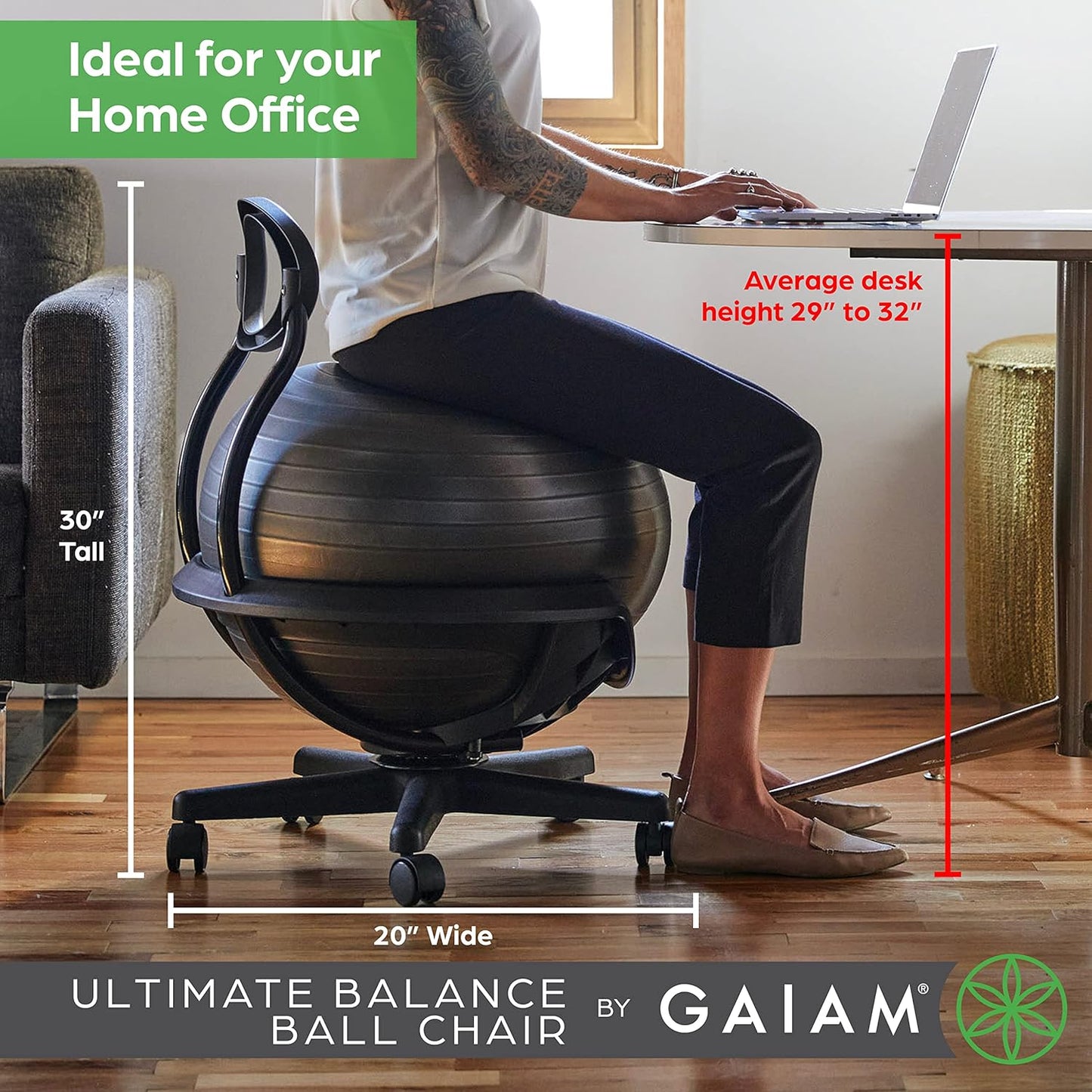 Gaiam Ultimate Balance Ball Chair with Swivel Base - Premium Exercise Stability Yoga Ball Ergonomic Chair for Home and Office Desk - Air Pump, Exercise Guide